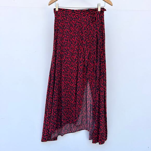 IRO Paris Leopard Red Wrap Midi Skirt 36 Slit Flowy 4 Spring Animal Print - Picture 2 of 7